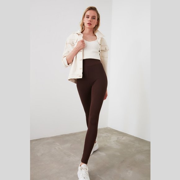 Trendyol Pants - High Waist Cinnamon Brown Leggings Medium